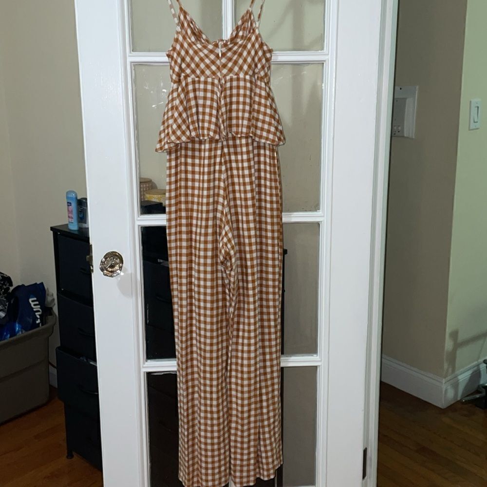 Anthropologie Saylor Laken Orange plaid gingham knot spaghetti ruffle romper - Picture 7 of 13
